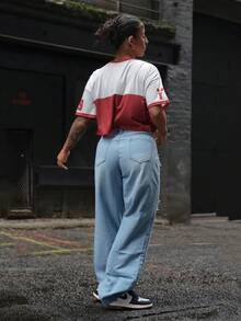SAYEHFBABY Pantalones vaqueros lavados desgastados de pierna ancha de moda - Lavado ligero - Ver 2