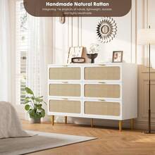 mteryoing Fashion Elegant Style Dresser, Rattan 6 Drawer Dresser For Bedroom, Large Double Dresser With Deep Drawers For Living Room, Hallway, Bedroom - 白色 - 查看 4