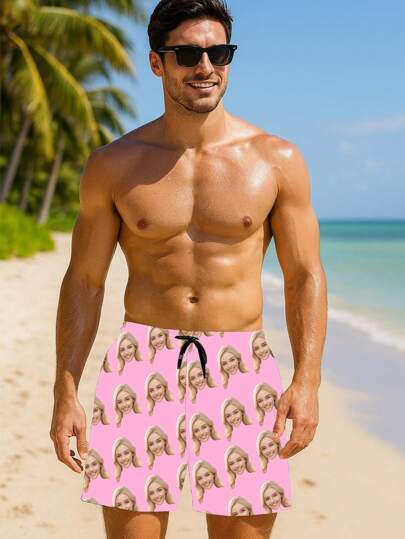 Customized Men's Beach Shorts With Personalized Designs Such As Portraits, Family Members, Pets, Cartoons, And Holiday Themes