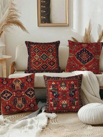 4pcs Vibrant Turkish Floral Throw Pillow Covers - Soft Polyester, Double-Sided Print In Terracotta & Dark Blue, Perfect For Living Room, Bedroom, Sofa Decor - Zippered, Machine Washable, No Insert Included, Decorative Pillows