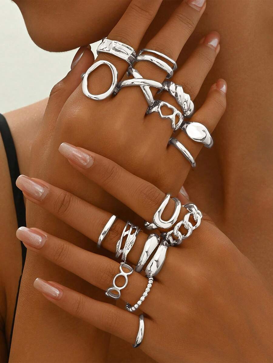 12pcs/Set Women's Punk Style Vintage Geometric Ring Set, Fashion Personalized Jewelry Gift - Silver - View 1