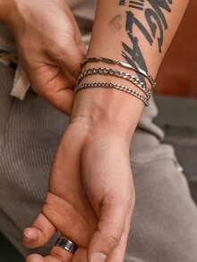 3pcs/Set Men's Minimalist Stainless Steel Bracelet, Multi-Layer Casual Bracelet For Daily Wear, Jewelry Gift For Boyfriend, Father - Silver - View 4