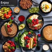 32/16pcs Wheat Straw Dinnerware Sets, Plates And Bowls Sets For 8, Black Plastic Dinnerware Sets, Microwave Dishwasher Plates, Dishes Set For 8 For Valentine'S Day, Durable Party Tableware Kit For Gifts  Brand: AYD - 黑色 - 查看 4