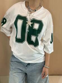 Jersey Shirts For Women Y2k Oversized T Shirt Number Graphic Tees V Neck Half Sleeve Streetwear Tops - 白色 - 查看 5