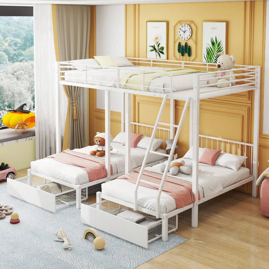 okwish Bunk Bed 90x200cm & 140 X 200cm With Drawers Suitable For Three Children, Loft Bed With Fall Protection, Metal Bed Children's Bed Frame With Slatted Frame, Convertible Into 140 X 200 Double Bed And Two 90 X 200 Single Beds - trắng - Xem 1