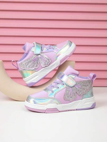 1 Pair Girl's Sweet Ribbon Bow Embroidered Butterfly Adorable High-Top Canvas Shoes, Shiny Leather Surface, Suitable For Children All Seasons, Sports Sneakers With Dual-Color Soles