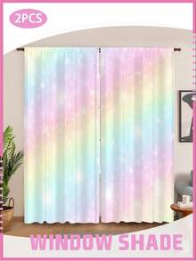 2 Panels Happy Rainbow Starry Curtains Vibrant Color Window Decor With Glitter Details, Perfect For Birthday Party & Nursery