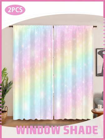 2 Panels Happy Rainbow Starry Curtains Vibrant Color Window Decor With Glitter Details, Perfect For Birthday Party & Nursery
