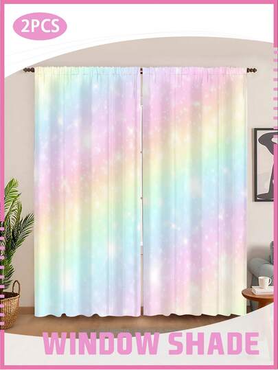 2 Panels Happy Rainbow Starry Curtains Vibrant Color Window Decor With Glitter Details, Perfect For Birthday Party & Nursery