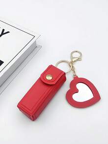 1pc Solid Color PU Leather Lipstick Holder (With Heart-Shaped Mirror) - Women's Makeup Keychain. Back To School Lipstick Holder With Heart-Shaped Mirror, Multiple Colors Available, Women's Makeup Bag, Heart-Shaped Bag Charm Fashion Keychain Pendant, Wallet, Handbag, Bag Accessory. Suitable For Parties, Weddings And Dances. Make Up Bag - White - View 12