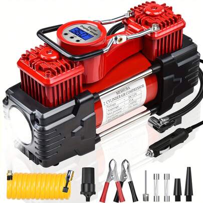 Meshuba 便携式空气压缩机泵轮胎充气机自动关闭数字仪表，重型双缸带应急灯 12V 轮胎泵 150 PSI 适用于汽车、SUV、越野车、卡车、自行车
