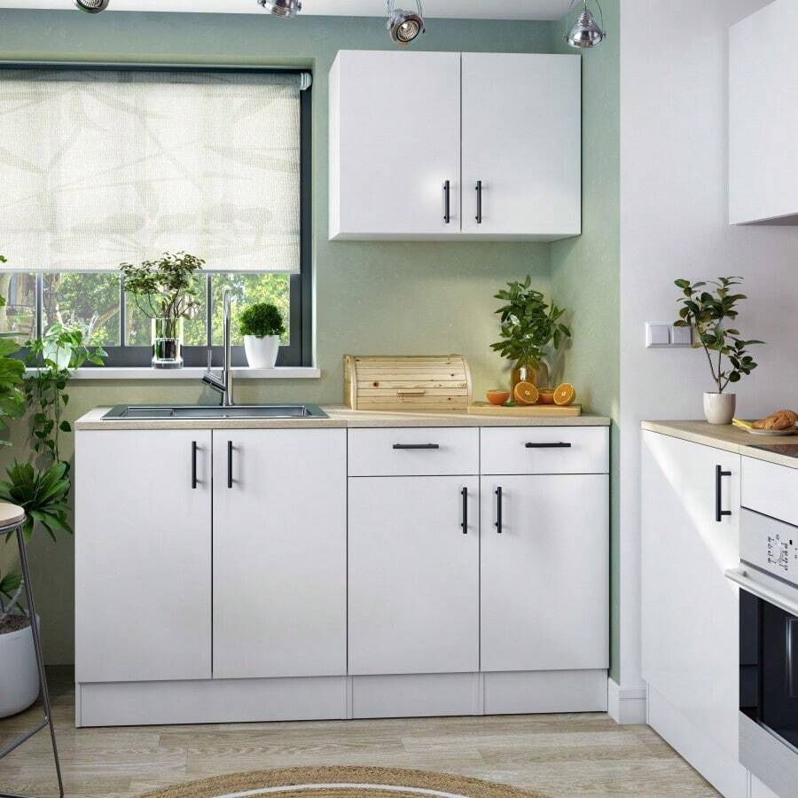 Miroytengo Pack de Muebles de Cocina Kira Modular en Blanco Brillo y Roble Canadian Fregadero 4 Módulos Puertas Cajones Estantes - Blanco - Ver 1