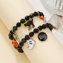 Halloween Acrylic Pumpkin, BOO, Ghost Charm Stretch Bracelet Set For Women & Girls, Party Favor Gift