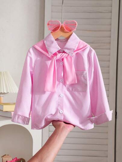 Young Girls Long Sleeve Striped Collar Shirt, Elegant "Honey" Letter Design Poncho, Fashionable And Artistic Style, Suitable For Casual Outings, Parties, Vacations In Spring And Autumn