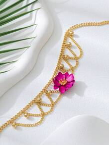 1 Stück Sommer Bohemien Vibrant Fuchsie asymmetrischer 5-Blüten Blumen Anhänger Halskette für Frauen, geeignet für Reisen, Urlaub, täglichen Outfit Tragen, Sommer Schmuck