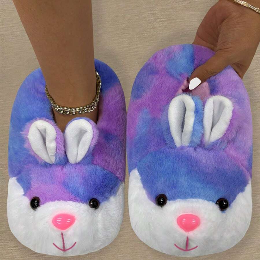 女士舒适防滑一脚蹬家居拖鞋，带可爱扎染蓝色兔子印花
