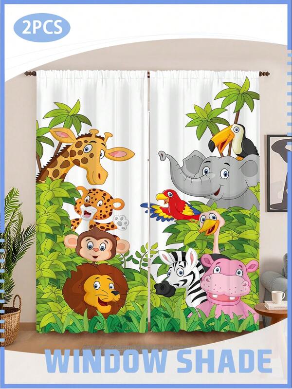 2Panels Jungle Animal Print Curtain Featuring Playful Blackout Curtain Cute Cartoon Window Shades Bring The Fun To Your Room