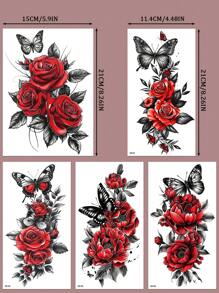 (Pack Of 5 PCS)Red Rose And Butterfly Temporary Tattoo Stickers, Sexy Dancer Chest And Thigh Designs, Waterproof And Sweat-Proof, Easy To Use And Remove, Suitable For Women's Legs, Arms, Abdomen And Chest. Perfect Temporary Tattoo Stickers For Women, Essential For Dates And Parties.