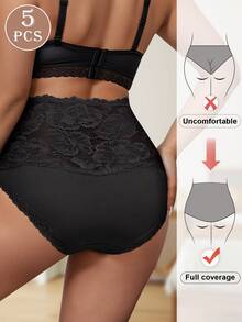 MEIYATING 5-Pack Women's Underwear High Waist Tummy Control Flower Lace Lace Solid Color Comfortable Cotton Briefs Daily Panties For Women - Multicolor - View 4