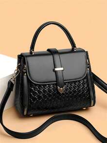 新款时尚百搭经典单肩包，复古简约手提包，托特包，纯色斜挎包，PU皮革女包，小众设计，精致优雅，适合城市通勤、日常购物、约会、逛街、钱包、购物、年轻女性、大学生、新婚夫妇、白领。非常适合办公室、大学、工作、商务、通勤、户外活动、旅行和徒步旅行 - 黑色 - 查看 3