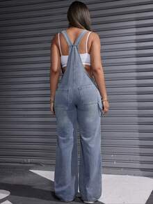 Women's Denim Jumpsuit, Casual Sleeveless Cut With Pockets, Adjustable Shoulder Straps, Zipper, Loose Long Wide-Leg Jeans, Work Pants, Streetwear - 淺藍色 - 查看 3