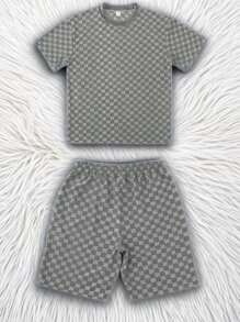 2025 Summer New Men's Set Japanese And Korean Style Jacquard Loose Casual Short-Sleeved T-Shirt Shorts Two-Piece Men's Clothing   All Over Print    Summer    Loose    Drawstring  Pocket