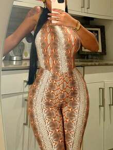 Budhaul 女款数码印花无袖露背吊带连体裤 - 棕色印花 - 查看 7