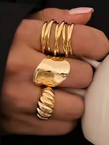 14/12/3pcs Set Asymmetrical Shaped Faux Pearl Flower, Geometric, Liquid, Round, Hollow, Multilayer Metal Textured Rings, Oversized, Chunky, Fashionable, Elegant, Vintage, Suitable For Holiday, Party, Date, Gift, Daily Wear - Yellow Gold - View 12