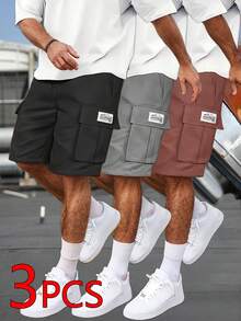 男士休闲工装短裤三件装 - 黑色、浅卡其色、灰色，宽松版型，多口袋设计，可调节抽绳腰带，涤纶材质 - 适合运动、户外和休闲穿着 | 跑步和训练短裤 | 纯色设计