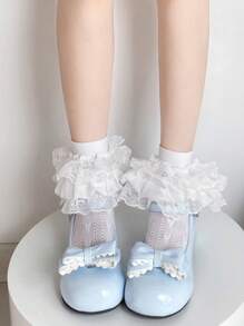 1 pereche de șosete de vară pentru femei, cu plasă subțire, cu dantelă goală, model floral cu inimă, fire de plasă, culoare solidă, Lolita drăguțe, până la jumătatea gambei