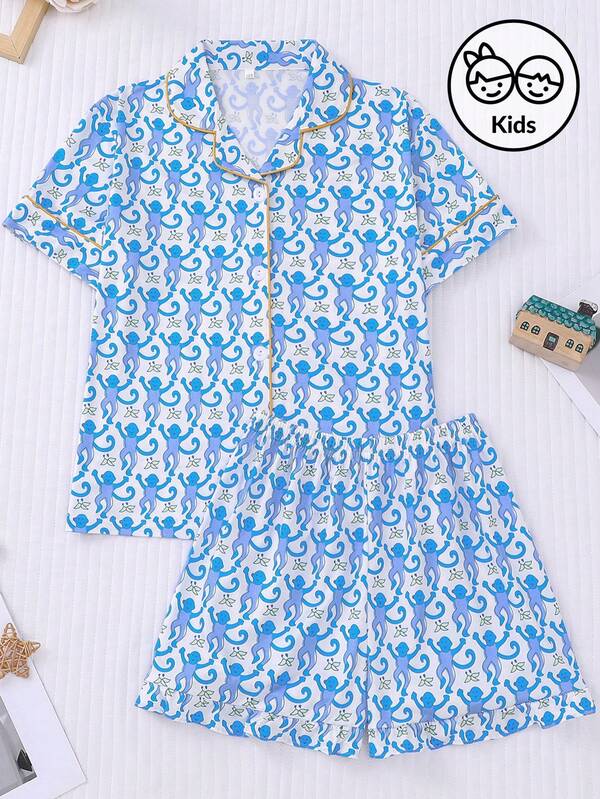 2pcs Kids Casual Comfortable Pajama Set, Girls Summer New Turndown Collar Shirt Short Sleeve, Loose Elastic Waist Shorts, Cartoon Monkey Print Homewear, Suitable For Big Kids Daily Wear, Party, Sleepwear