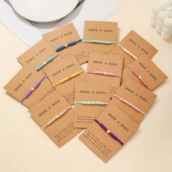 12pcs/Pack Assorted Shape Charm Bracelets (Heart, Circle, Pentagram) - Wax Cord Woven Couples Friendship Bracelet Set, Handmade For Holiday & New Year Gift