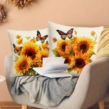 4pcs Sunflower & Butterfly Printed Pillow Covers, 100% Polyester, Hand Wash Only, Zipper Closure, Fabric Decorative Pillowcases For Home And Office, Suitable For Various Rooms - Multicolor - View 6
