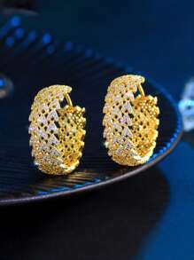 1 Pair Dubai Yellow Gold Plated Big Round Micro Pave CZ Heart Tennis Hoop Earrings, Women Silver Plated Cubic Zirconia Jewelry Accessories For Brides, Engagement, Wedding, Banquet, Party, Or Mother's Christmas Gift