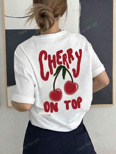 Dames Zomer Grote Maat Kersen Letterpatroon Bedrukking Casual Eenvoudig Los Dagelijks Ronde Hals Korte Mouw T-shirt Tops Dames Zomer Grote Maat T-shirt Tops