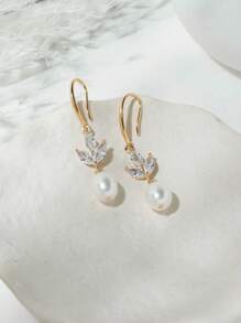 Brincos de Pérola: Brincos Brinco Pendente Folha de Pérola de Prata Esterlina Natural, Brincos Pendentes Zircônia Cúbica Decorada com Pérola Folheada a Ouro 14k, Brinco de Gancho de Pérola, Brinco Pendente de Noiva, Presente para Ela