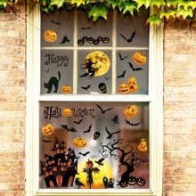 1 juego de pegatinas para ventanas de Halloween, pegatinas para ventanas de estilo moderno de PVC con diseños de castillo, murciélago y esqueleto, adecuadas para la decoración del hogar, la sala de estar, el dormitorio y la fiesta de vacaciones