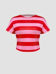 Women Stripe Print Cropped Top Casual T-Shirt For Daily Wear, Home, Street Photos, Vacation, Elegant Daily, New Style - Red - View 2