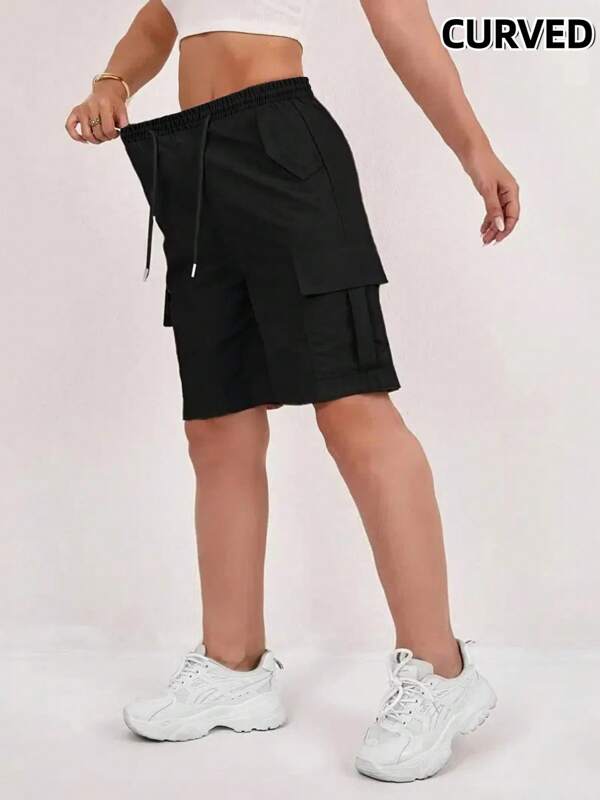 Pantaloncini cargo casual da donna taglie forti, con vita regolabile con laccetto, design multitasche, alla moda e versatili, adatti per il tempo libero e le attività all'aperto in estate