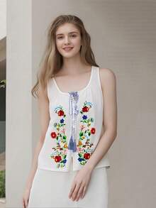 Flower Embroidery Tank Tops For Women Summer Causal Loose Scoop Neck Sleeveless Button Shirt - White - View 4