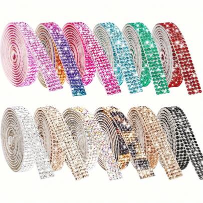Self Adhesive Crystal Rhinestone Diamond Ribbon 12,1 Rolls 0.9cm Wide Total 12,1 Yards Multi-Functional DIY Decorative Bling Gemstone Arts Crafts Sticker Tape Glitter Shoes Clothes (Assorted Colors)