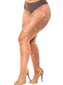 半双装女士加大码性感亮片渔网长筒袜和高腰水钻渔网连裤袜，适合派对穿着（长筒袜颜色为浅肤色，非深肤色）。圣诞礼物 - 彩色 - 查看 3