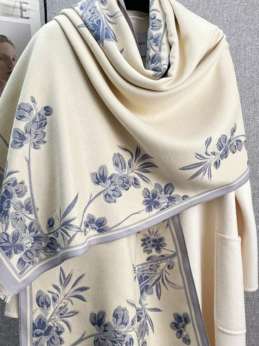 1 pieza Elegante bufanda/chal de cachemira sintética con estampado floral y de plantas en jacquard, versátil para mujeres, adecuado para otoño/invierno, para combinar diariamente y decorar vestidos