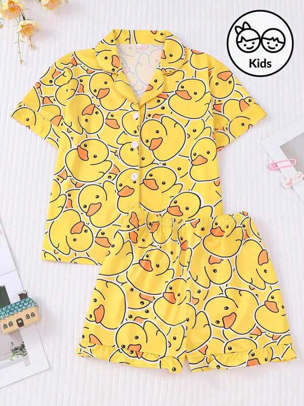 Cardigan Copii Pijamale Galbene Vară Mâneci Scurte Fete Subțire Drăguț Little Duck Print Set Nou Homewear Set 2buc
