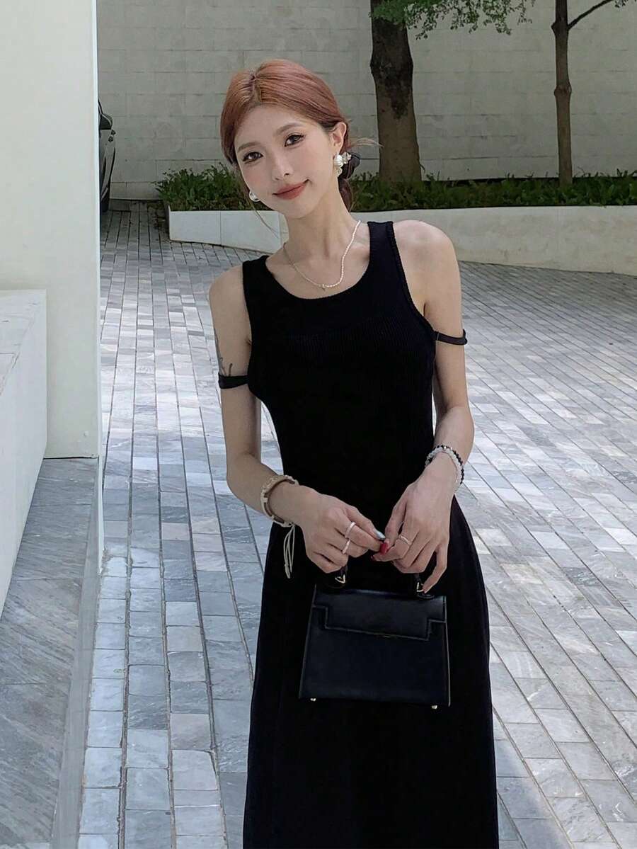 RUIWY 女式夏季黑色休闲针织宽肩带吊带 A 字形吊带裙吊带背心毛衣裙 - 黑色 - 查看 1