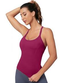 Workout Tops Women With Built In Bra, Sleeveless Gym Tops Seamless Racerback Athletic Yoga Shirts, Activewear - 洋紅紫色 - 查看 9