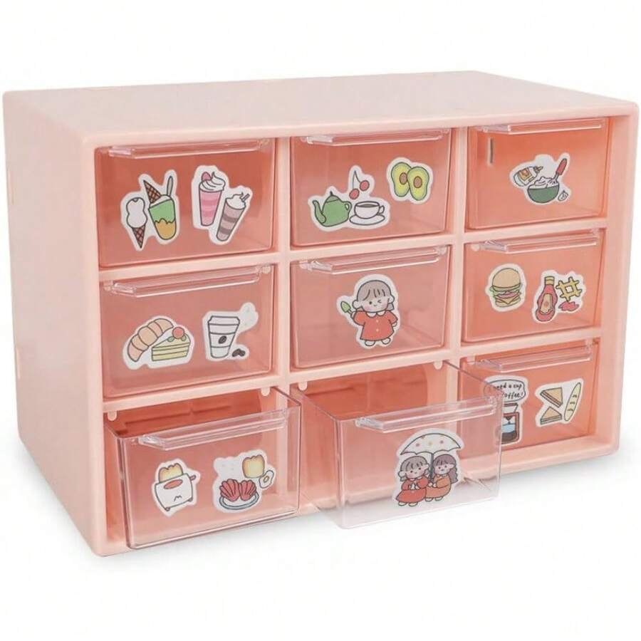 Kleine Schubladen, Aufbewahrungsbox für Bastelarbeiten auf dem Schreibtisch, Organizer aus Kunststoff mit 9 herausnehmbaren Schubladen für Näharbeiten, Heimwerken, Künstlerbedarf, Bürobedarf und Schmuck (Pink)