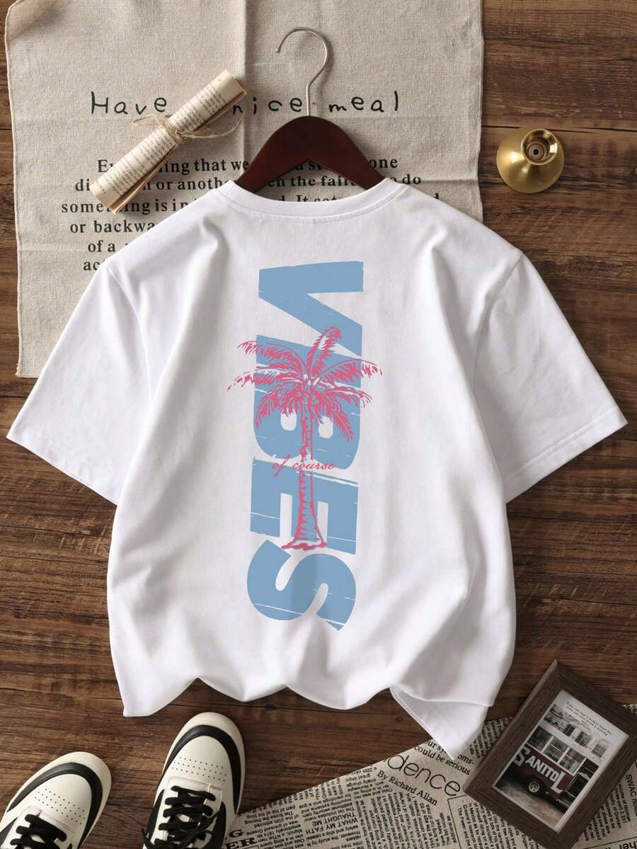 Plus Size Women's Casual Vacation Round Neck Short Sleeve T-Shirt With Palm Tree Slogan Print Women's Tops - White - View 1