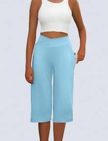 1pc 2pcs 3pcs Multi-Color Casual Women's Outdoor Sports Pants, New Summer Solid Color Breathable High Elastic Comfortable Sports Capri Pants, Cross Waist Design With Elastic Fabric, Suitable For Street, Tennis, Casual Easy To Wear Jogging Pants Suitable For Enriching Your Life - Màu xanh lam - Xem 3