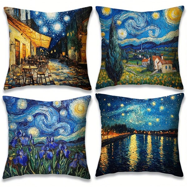 4PCS, Contemporary Polyester 100% Throw Pillow Covers, Single-Sided Print, 16x16 18x18 20x20 Inches, Starry Night, Van Gogh Inspired Scenes, Zipper Closure, Machine Washable, Polyester 100%, For Living Room Sofa Bed Decor, No Insert